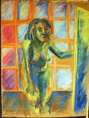 Oil Pastel titled girl behind door on cardboard